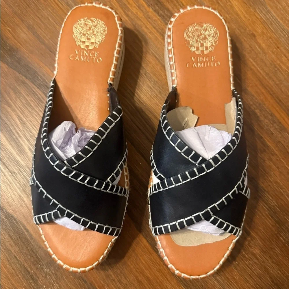 NEW Vince Camuto Black Leather Espadrille Slide Cross Band Sandals 9.5 9 1/2